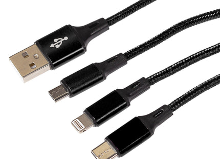 Maplin USB-A to 3-in-1 Multi-Charging USB-C / Lightning / Micro USB Braided Cable - 1.2m