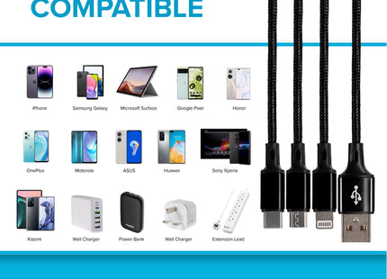 Maplin USB-A to 3-in-1 Multi-Charging USB-C / Lightning / Micro USB Braided Cable - 1.2m