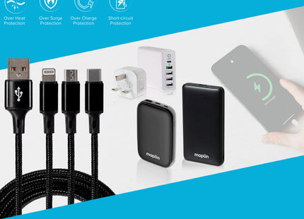 Maplin USB-A to 3-in-1 Multi-Charging USB-C / Lightning / Micro USB Braided Cable - 1.2m