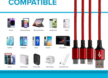 Maplin USB-A to 3-in-1 Multi-Charging USB-C / Lightning / Micro USB Braided Cable - 1.2m