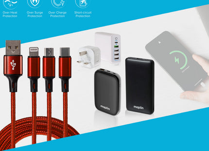 Maplin USB-A to 3-in-1 Multi-Charging USB-C / Lightning / Micro USB Braided Cable - 1.2m
