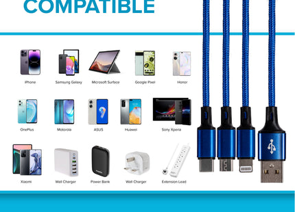 Maplin USB-A to 3-in-1 Multi-Charging USB-C / Lightning / Micro USB Braided Cable - 1.2m