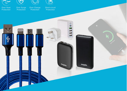 Maplin USB-A to 3-in-1 Multi-Charging USB-C / Lightning / Micro USB Braided Cable - 1.2m