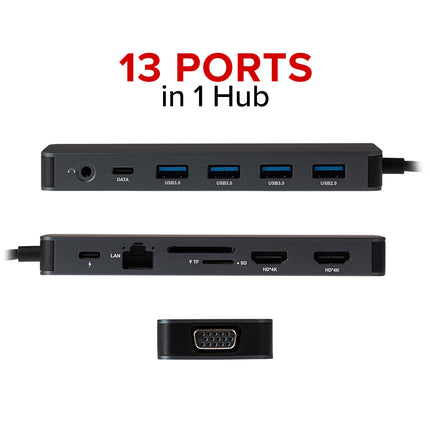 Nikkai USB-C Multiport Hub to 2x USB-C / 4x USB-A / 2x HDMI / Gigabit RJ45 / VGA / SD / Aux - Silver