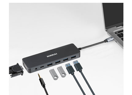 Nikkai USB-C Multiport Hub to 2x USB-C / 4x USB-A / 2x HDMI / Gigabit RJ45 / VGA / SD / Aux - Silver