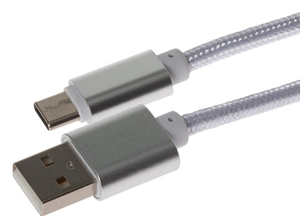 Maplin USB-C to USB-A Braided Cable - Silver, 0.25m
