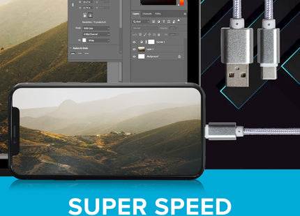 Maplin USB-C to USB-A Braided Cable - Silver, 0.25m