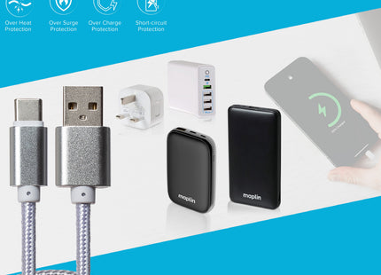 Maplin USB-C to USB-A Braided Cable - Silver, 0.25m