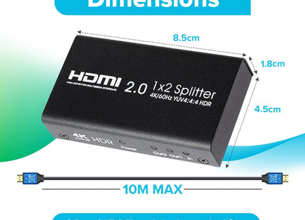 Maplin HDMI Splitter 1 Port In 2 Ports Out 4K Ultra HD @60Hz 18Gbps