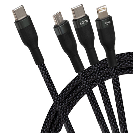 Maplin USB-C to 3-in-1 Multi-Charging USB-C / Lightning / Micro USB 100W Braided Cable - 1.2m