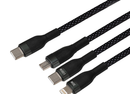 Maplin USB-C to 3-in-1 Multi-Charging USB-C / Lightning / Micro USB 100W Braided Cable - 1.2m