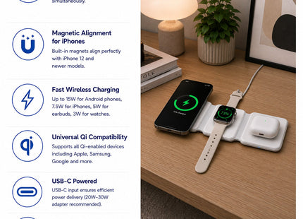 Maplin 3-in-1 Magnetic Wireless Charging Mat for Phone / Earbuds / Watch