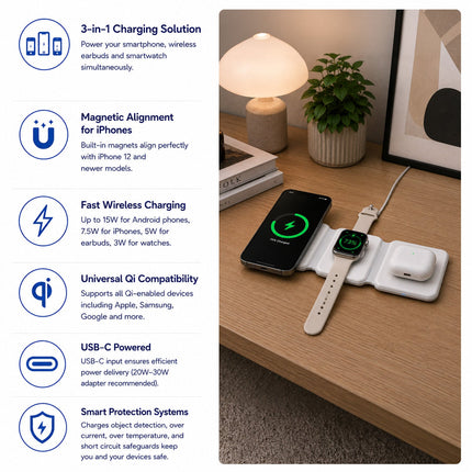 Maplin 3-in-1 Magnetic Wireless Charging Mat for Phone / Earbuds / Watch