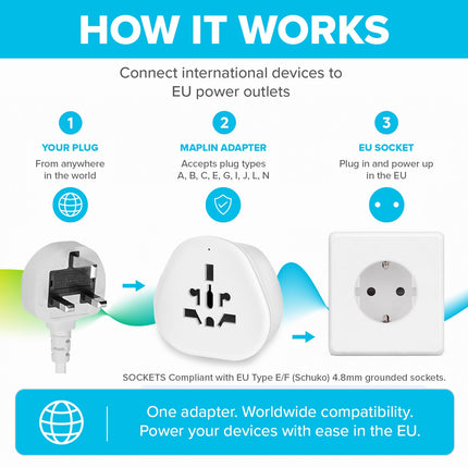 Maplin EU Plug (Type E/F Socket) to Worldwide Socket Travel Adapter Plug