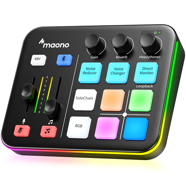 MAONO RGB Gaming Audio Mixer - XLR Audio Interface with Custom Sound Effects for Streaming, Game Voice & Podcasting