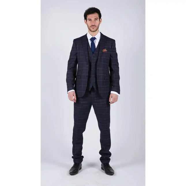 Kenneth - Men's 3 Piece Blue Suit Herringbone Tweed Check 1920s Wedding Prom