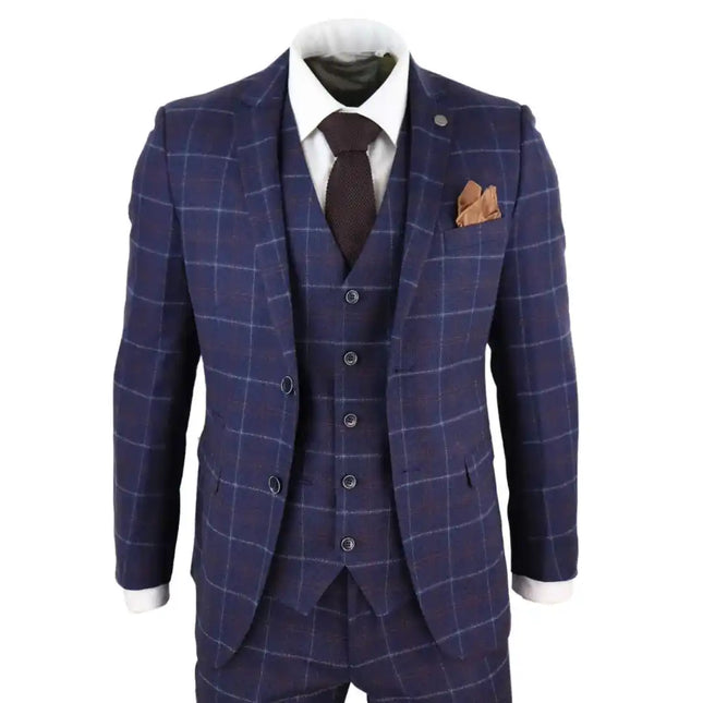 Kenneth - Men's 3 Piece Blue Suit Herringbone Tweed Check 1920s Wedding Prom