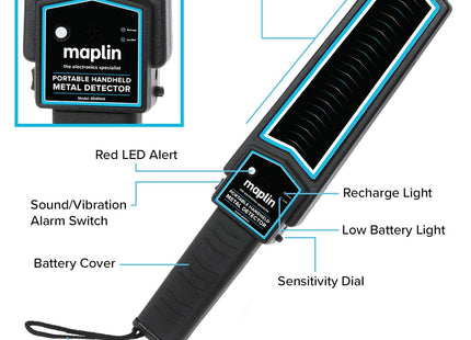 Maplin Handheld 10" Metal Detector Wand Body Scanner with Beep/Vibration Alerts & LED Light