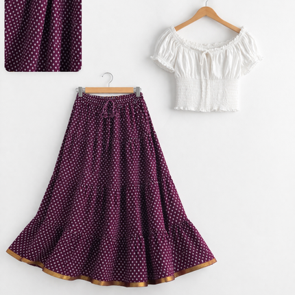Blackfever Elegant deep plum purple base Printed Tiered Skirt – Free Size
