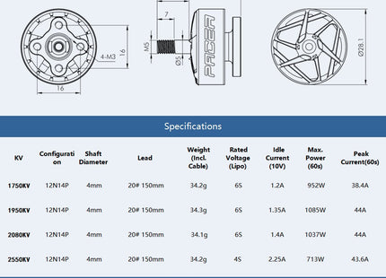 T-Motor PACER P2207 V3 Motor (1750kV, 1950kV, 2080VkV, 2550kV)
