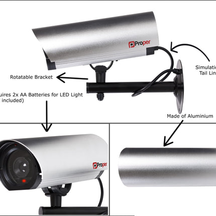 ProperAV Replica Commercial Security Camera with Aluminium 23cm Body & LED Light - Silver