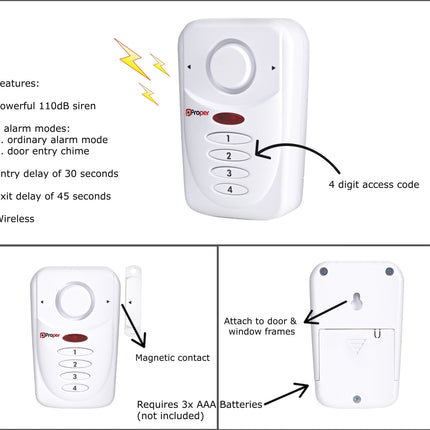 ProperAV Window Alarm with Keypad & Loud 110dB Siren