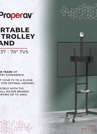ProperAV Mobile TV Trolley Stand on Wheels for 37" - 70" Screens (50kg Capacity / VESA Max. 400x600)