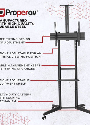 ProperAV Mobile TV Trolley Stand on Wheels for 37" - 70" Screens (50kg Capacity / VESA Max. 400x600)