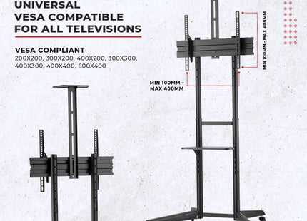 ProperAV Mobile TV Trolley Stand on Wheels for 37" - 70" Screens (50kg Capacity / VESA Max. 400x600)