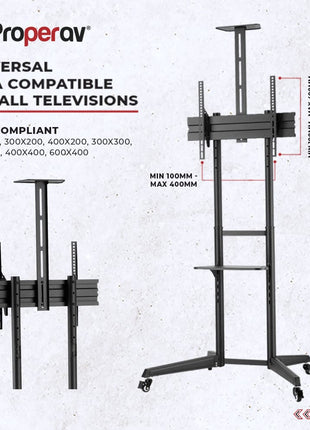 ProperAV Mobile TV Trolley Stand on Wheels for 37" - 70" Screens (50kg Capacity / VESA Max. 400x600)