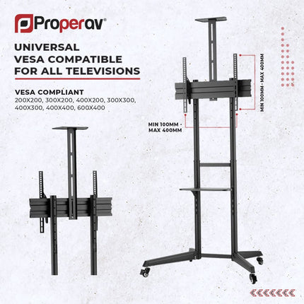 ProperAV Mobile TV Trolley Stand on Wheels for 37" - 70" Screens (50kg Capacity / VESA Max. 400x600)
