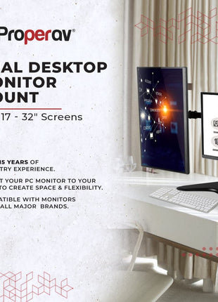 ProperAV Desk Monitor Mount 17" - 34" Dual Swing Arm Freestanding Base VESA Max 100x100