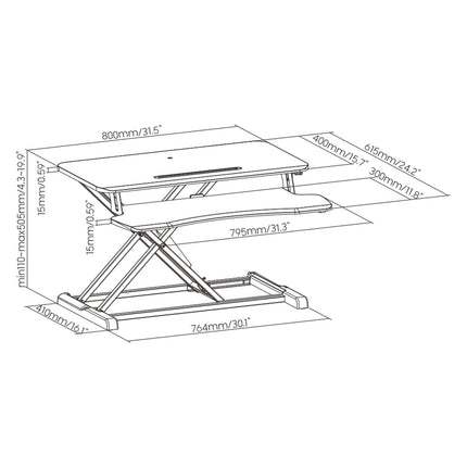 ProperAV Two Tier Worktop Stand Up Desk Converter with Gas Spring Lift & Variable Height Settings - Black