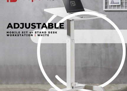 ProperAV Mobile Desk Trolley Workstation with Gas Spring Height Adjustment - White