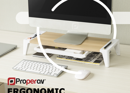 ProperAV Monitor Riser Stand with Height Adjustable with Drawer - Wood Effect