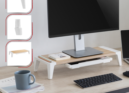 ProperAV Monitor Riser Stand with Height Adjustable with Drawer - Wood Effect