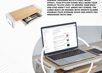 ProperAV Monitor Riser Stand with Height Adjustable with Drawer - Wood Effect