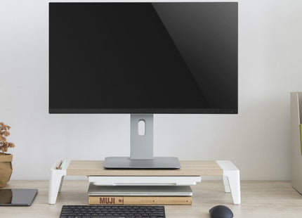 ProperAV Monitor Riser Stand with Height Adjustable with Drawer - Wood Effect