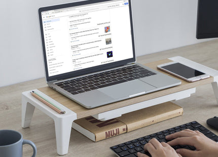ProperAV Monitor Riser Stand with Height Adjustable with Drawer - Wood Effect