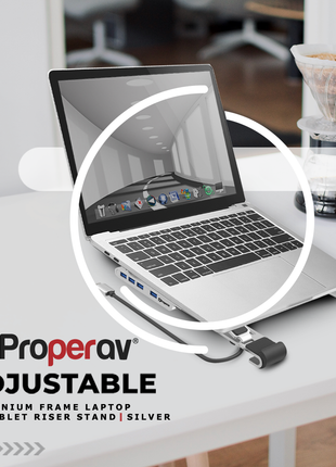 ProperAV Aluminium Portable Laptop or Tablet Stand with Built-in 100W USB-C Hub / 4 x USB-A Ports - Silver