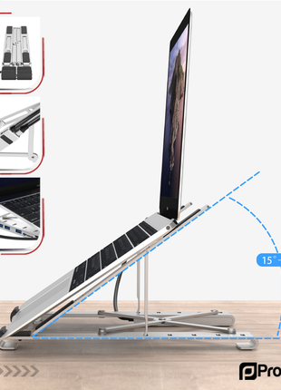 ProperAV Aluminium Portable Laptop or Tablet Stand with Built-in 100W USB-C Hub / 4 x USB-A Ports - Silver