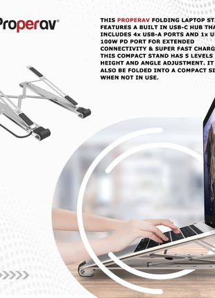 ProperAV Aluminium Portable Laptop or Tablet Stand with Built-in 100W USB-C Hub / 4 x USB-A Ports - Silver