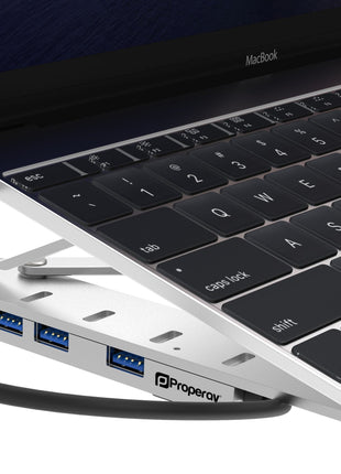 ProperAV Aluminium Portable Laptop or Tablet Stand with Built-in 100W USB-C Hub / 4 x USB-A Ports - Silver