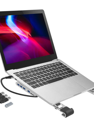 ProperAV Aluminium Portable Laptop or Tablet Stand with Built-in 100W USB-C Hub / 4 x USB-A Ports - Silver