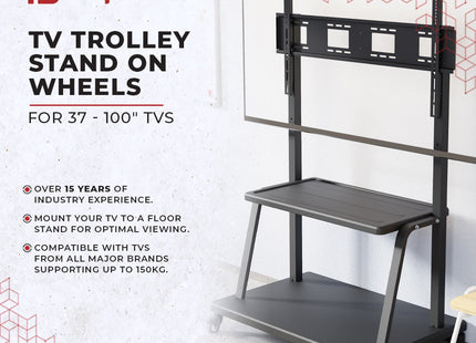 ProperAV Mobile TV Trolley Stand on Wheels for 37" - 100" Screens (150kg Capacity / VESA Max. 800x600)