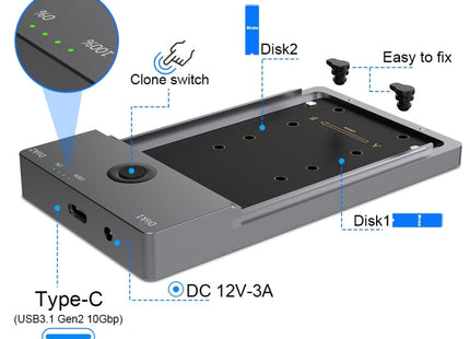 Rocketek ME921 USB3.1 Gen2 Dual M.2 Solid State Drive Box NVMe Docking Station, EU Plug, EU Plug