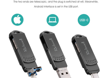Richwell 64G Type-C + 8 Pin + USB 3.0 Metal Flash Disk with OTG Function