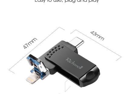 Richwell 64G Type-C + 8 Pin + USB 3.0 Metal Flash Disk with OTG Function