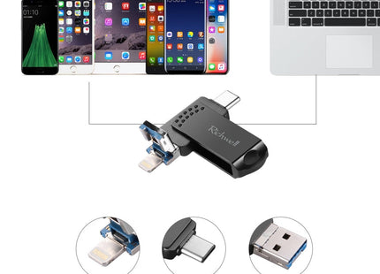 Richwell 64G Type-C + 8 Pin + USB 3.0 Metal Flash Disk with OTG Function
