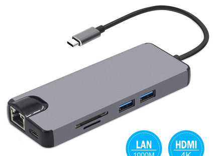 8 in 1 Type-C to HDMI + USB 3.0 + USB 3.0 + Type-C + LAN + VGA + TF/SD Card Reader Adapter